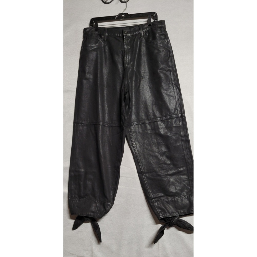 Black Shiny Coated  7 For All Mankind Wide Leg Jeans With Tied Cuffs Size 12